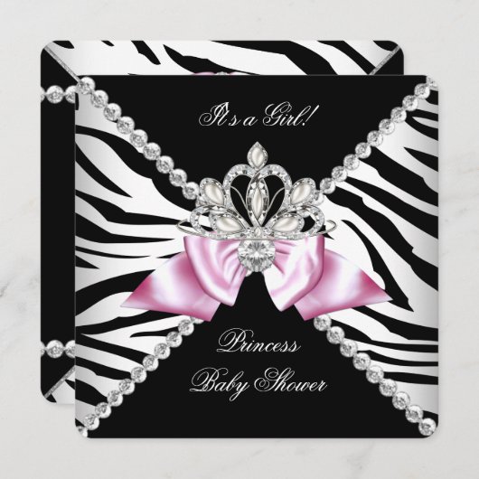Invitation Black Zebra Rose Bow Princesse Baby shower 3 (Devant / Derrière)