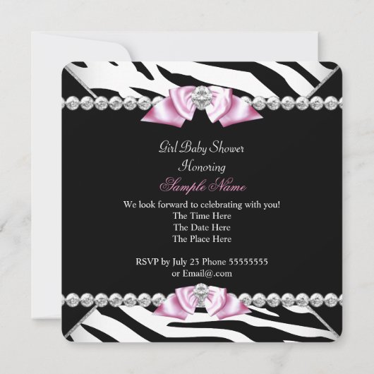 Invitation Black Zebra Rose Bow Princesse Baby shower 3 (Dos)