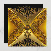 Invitation Black Zebra Stripe Floral Gold Jewel 50e anniversa (Devant / Derrière)