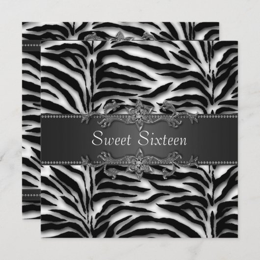 Invitation Black Zebra Sweet 16 Party (Devant / Derrière)