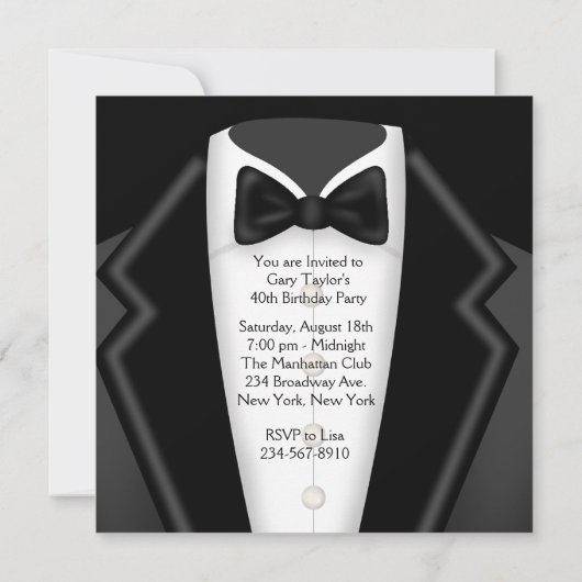 Invitation BlackTuxedo Mans Black White 40e fête d'anniversai (Dos)