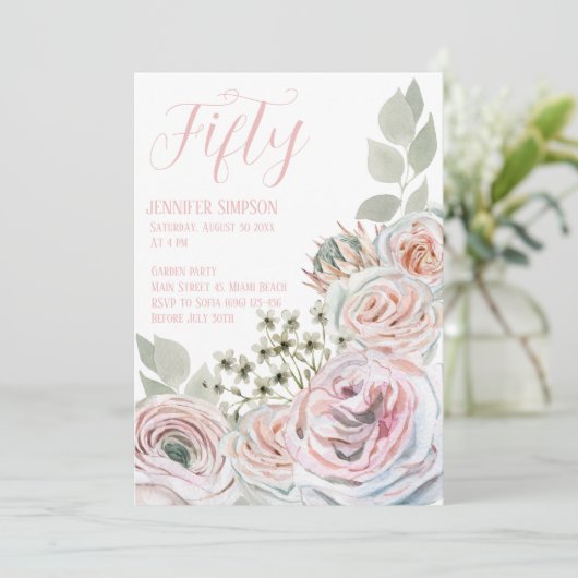 Invitation Blanc 50e féminin délicate aquarelle rose pâle (Debout devant)