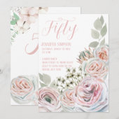 Invitation Blanc 50e féminin délicate aquarelle rose pâle (Devant / Derrière)