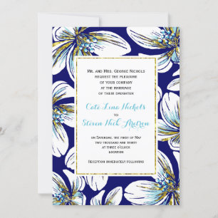 Invitation Blanc, aqua, feuille d'or floral bleu marine maria