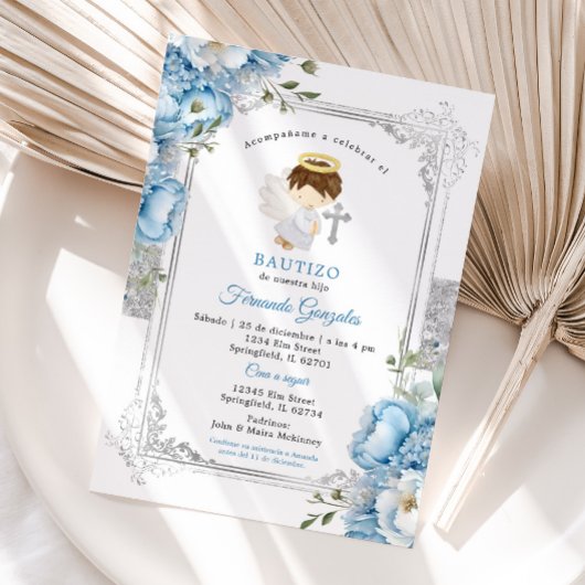 Invitation Blanc Argent Garçon Espagnol Bautizo Fleurs Bleues