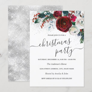 Invitation Blanc argenté rouge floral Noël Fête scintillante
