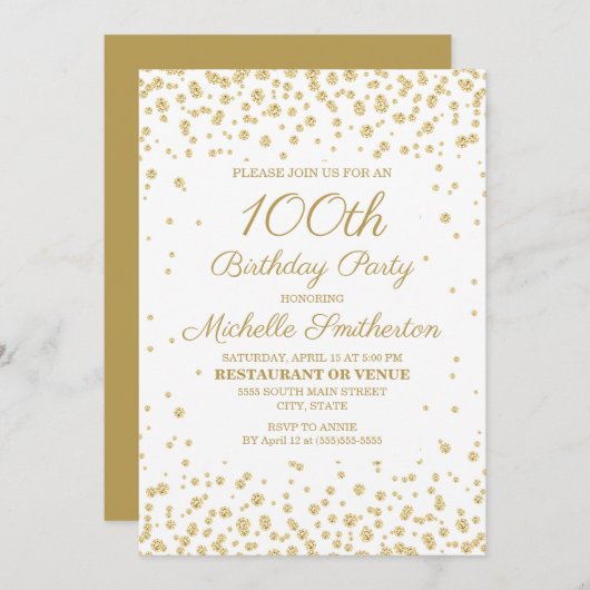 Invitation Blanc avec Parties scintillant or 100e fête d'anni (Devant / Derrière)