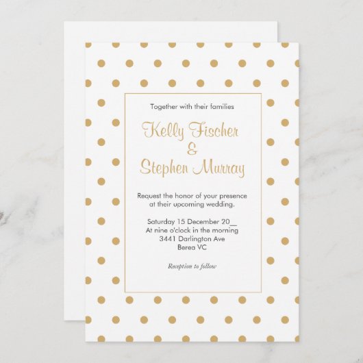 Invitation Blanc avec pois or (Devant / Derrière)