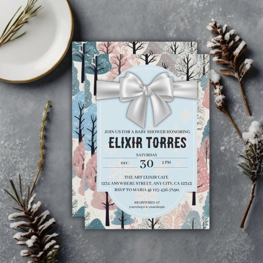 Invitation blanc Baby shower de la forêt d'hiver