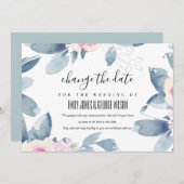 INVITATION BLANC BLEU BLEU MARIAGE FLORAL CHANGER LA DATE (Devant / Derrière)