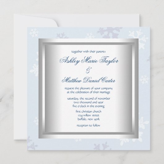 Invitation Blanc Bleu Flocon de neige Bleu Mariage d'hiver (Dos)
