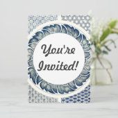 Invitation Blanc bleu Floral chinois rond (Debout devant)