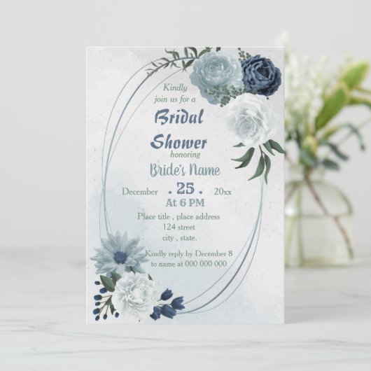 Invitation blanc bleu floral vert géométrique douche nuptiale (Debout devant)