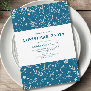 Invitation Blanc Bleu hiver Fête de Noël Botanique