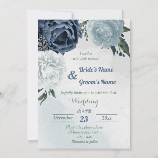 Invitation blanc & bleu mariage fleuri (Devant)
