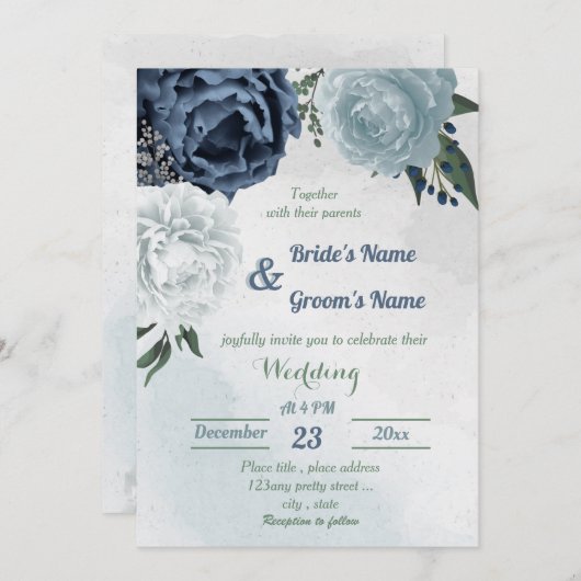 Invitation blanc & bleu mariage fleuri (Devant / Derrière)