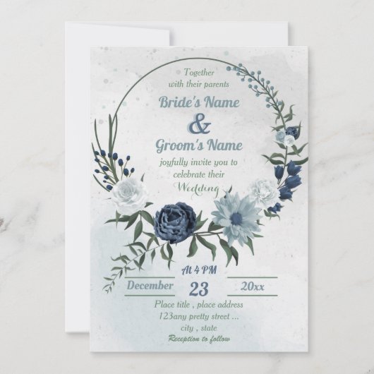 Invitation blanc & bleu vert fleurie mariage de couronne (Devant)