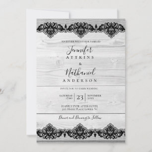 Invitation Blanc Bois Noir dentelle Rustique Élégant