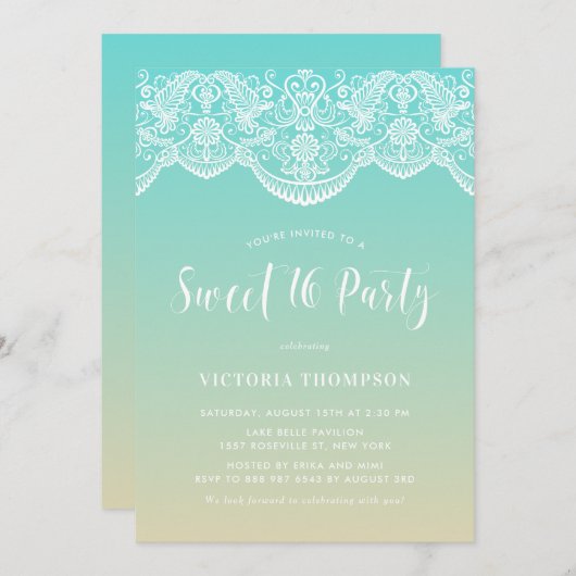 Invitation Blanc Brocade Lace Bleu Ombre Sweet 16 Party (Devant / Derrière)
