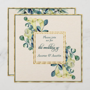 Invitation Blanc Calla Lily et Eucalyptus ivoire et or
