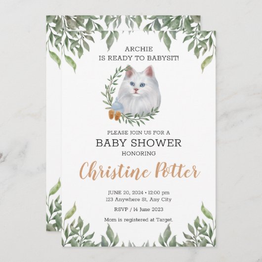 Invitation Blanc Chat Bleu Yeux Vert Baby shower Boho (Devant / Derrière)