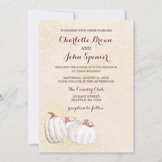 Invitation blanc citrouille automne moisson mariage invite (Devant)