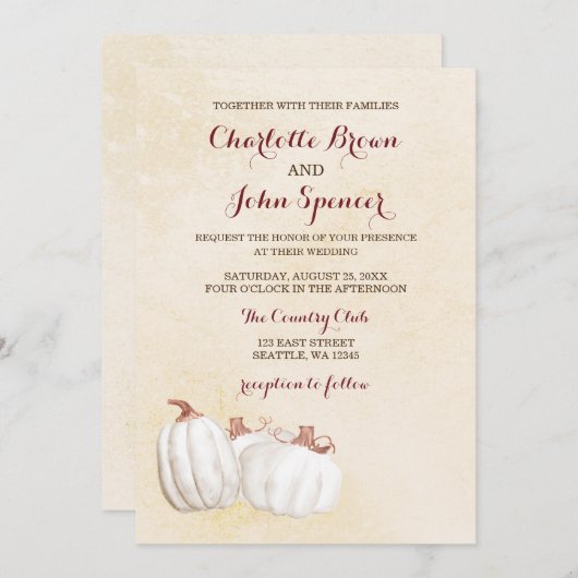 Invitation blanc citrouille automne moisson mariage invite (Devant / Derrière)