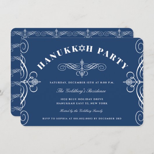 Invitation Blanc Classique Scrolls Bleu Hanoukka Fête (Devant / Derrière)
