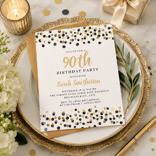 Invitation Blanc Confettis Dorés et Noirs Pailletés 90e Anniv