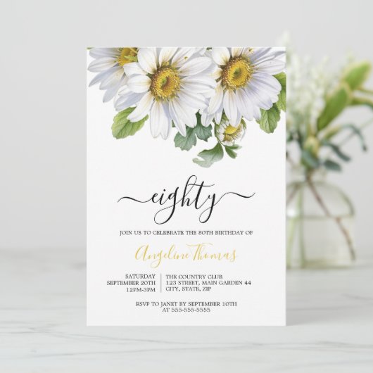 Invitation Blanc Daisy Floral Verdure Script Anniversaire (Debout devant)