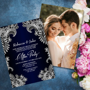 Invitation Blanc dentelle bleu Photo personnalisée Mariage ap