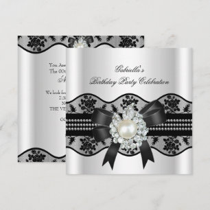 Invitation Blanc Dentelle noire Perle Élégant Fête d'annivers