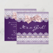 Invitation Blanc dentelle rose ruban Girl Baby shower pourpre (Devant / Derrière)