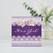 Invitation Blanc dentelle rose ruban Girl Baby shower pourpre (Debout devant)