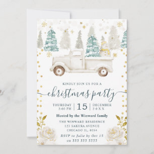 Invitation Blanc d'Hiver et Camion Floral de Noël en Or