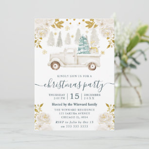 Invitation Blanc d'Hiver et Camion Floral de Noël en Or