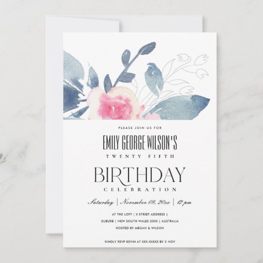 Invitation BLANC DOUX BLEU BLEU FLORAL 25e TOUT ÂGE ANNIVERSA (Devant)