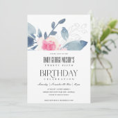 Invitation BLANC DOUX BLEU BLEU FLORAL 25e TOUT ÂGE ANNIVERSA (Debout devant)