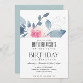 Invitation BLANC DOUX BLEU BLEU FLORAL 25e TOUT ÂGE ANNIVERSA (Devant / Derrière)