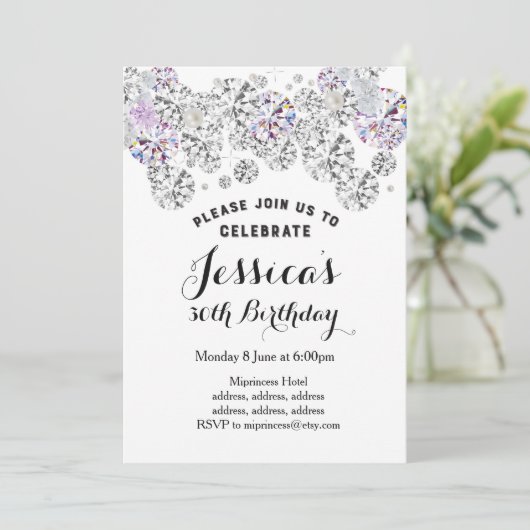 Invitation BLANC élégant diamant, parties scintillant invitat (Debout devant)