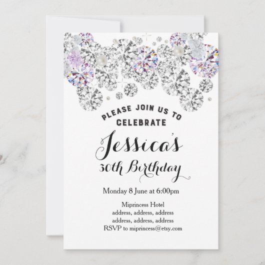 Invitation BLANC élégant diamant, parties scintillant invitat (Devant)