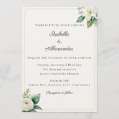 Invitation Blanc Élégant Fleurs et Feuillage en Doré Faux (Devant)