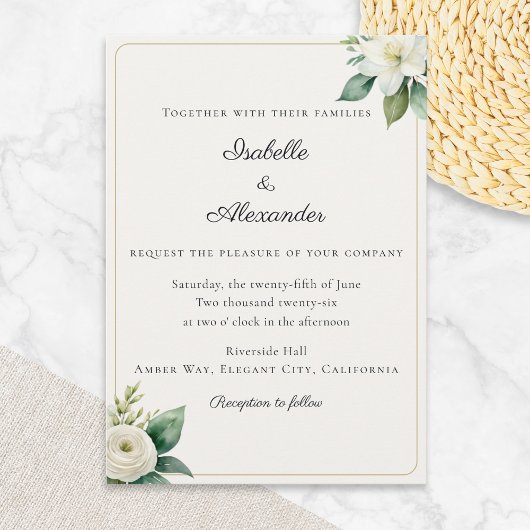 Invitation Blanc Élégant Fleurs et Feuillage en Doré Faux