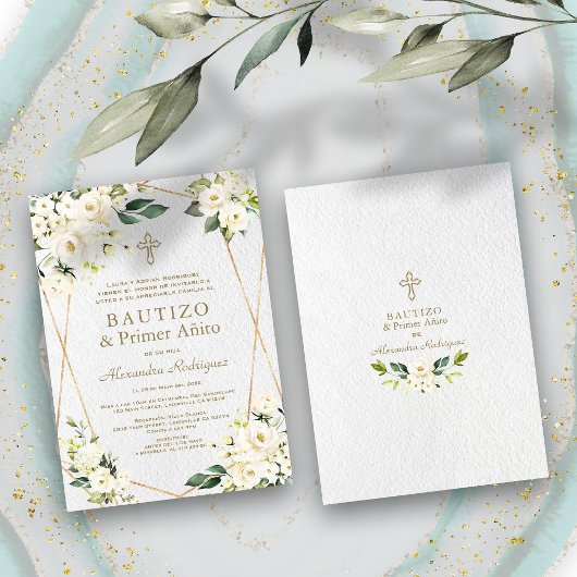 Invitation Blanc Élégant Floral Espagnol 1er Anniversaire Bap