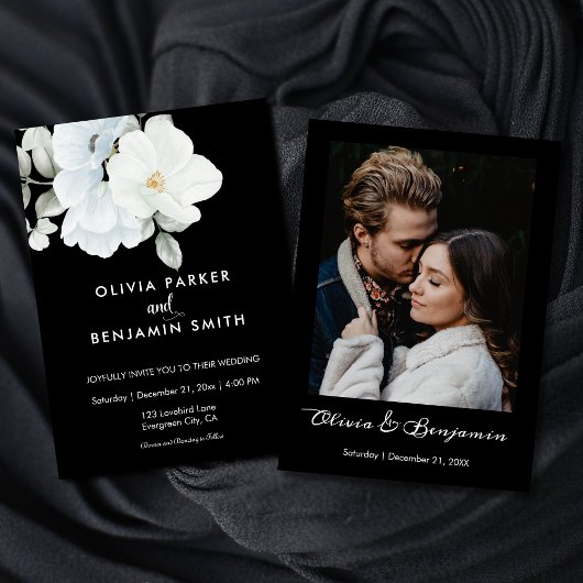 Invitation Blanc Elégant Floral Photo Moderne Mariage noir