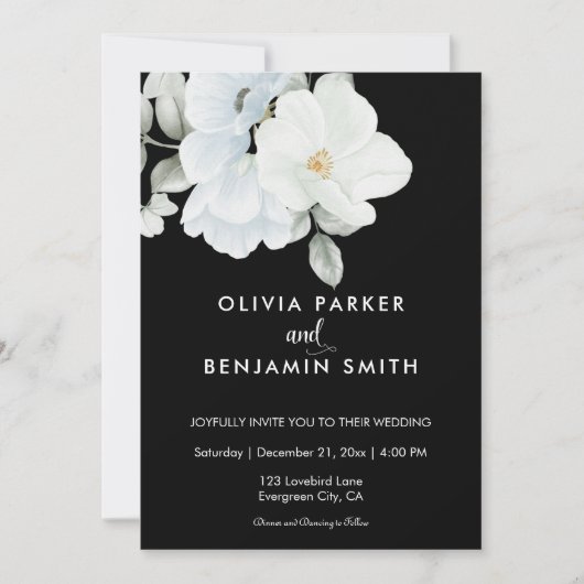 Invitation Blanc Elégant Floral Photo Moderne Mariage noir (Devant)