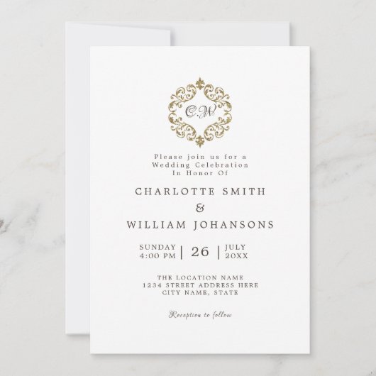 Invitation Blanc Elegant Simple Gold Frame Mariage initial (Devant)