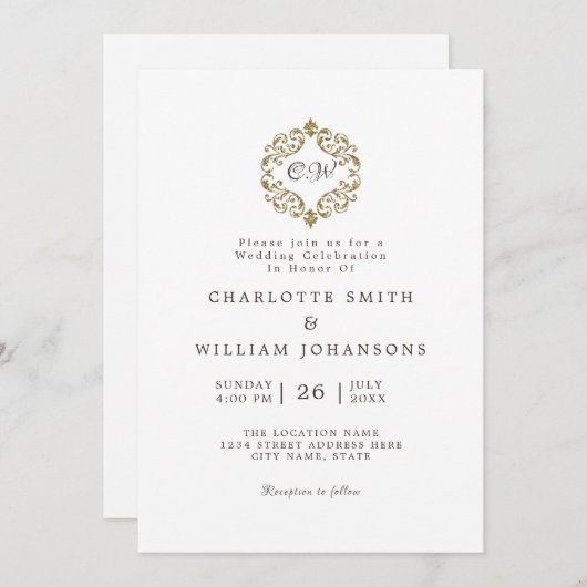 Invitation Blanc Elegant Simple Gold Frame Mariage initial (Devant / Derrière)