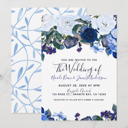 Invitation Blanc et bleu hiver Floral Bouquet Chic Mariage (Devant / Derrière)