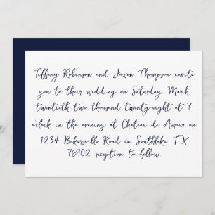 Invitation Blanc et bleu marine Style manuscrit Mariage